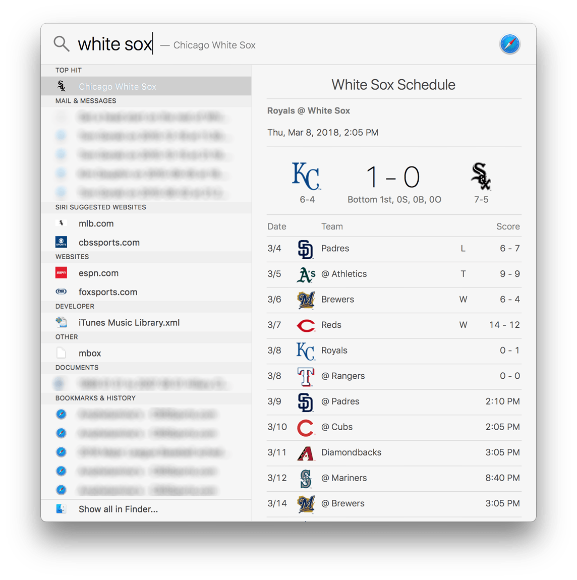 Use Spotlight to check baseball scores